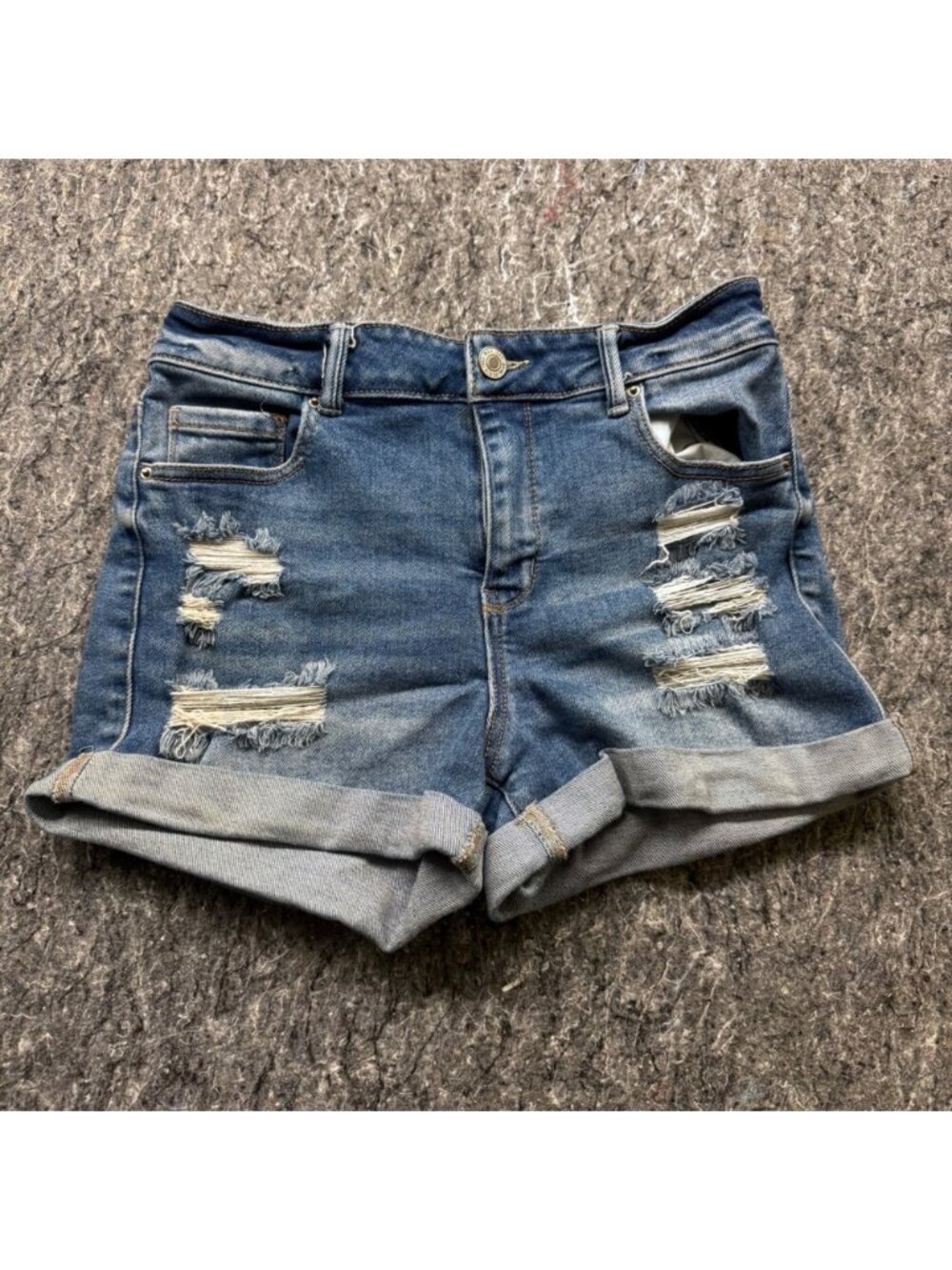 Distressed Denim Shorts Medium Wash High Rise Cuffed Size M